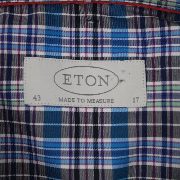 ETON Dress Shirt Men 17, 43 Blue/Green/Purple Plaid Long Sleeve Button Up - Picture 7 of 12